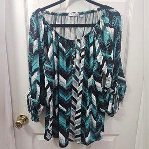 Women's Notations Tunic Top Black White Green Abstract Pattern 1X
